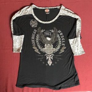 Harley Davidson Rhinestone Top American Muscle Eagle Black Grey